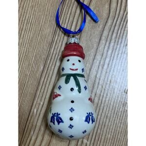 Folk-Art Hand-Painted Snowman Porcelain Ornament 5.25" w/ Blue Ribbon Holiday